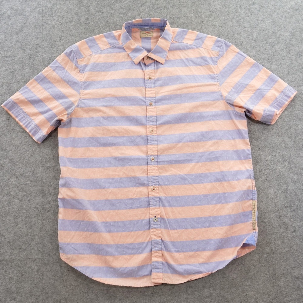Tommy Bahama Jeans Shirt Mens Large Pink Blue Striped Short Sleeve Cotton
